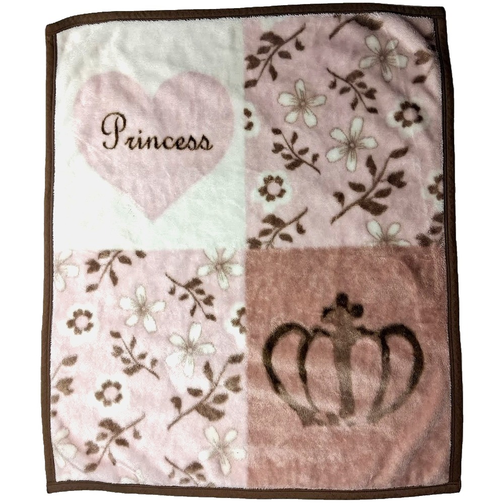 CoCalo Princess Brown Pink Baby Girl Crown Blanket Plush Beige htf Floral Square